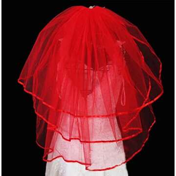 CENAST Women's Short Wedding Veils with Comb 3 Tier Halloween Tulle Bridal Veil Red