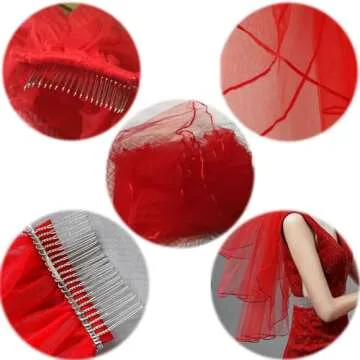 CENAST Women's Short Wedding Veils with Comb 3 Tier Halloween Tulle Bridal Veil Red