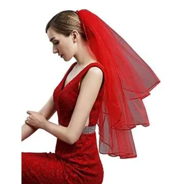 CENAST Women's Short Wedding Veils with Comb 3 Tier Halloween Tulle Bridal Veil Red