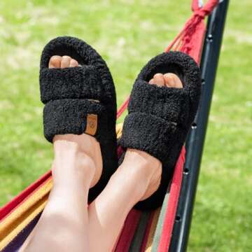 EverFoams Womens Fuzzy Open-toe Slippers Soft Comfy Memory Foam Indoor House Shoes Matt Black,9-10 U...
