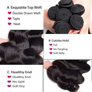 Sunber 10A Brazilian Body Wave Hair 3 Bundles 100% Unprocessed Brazilian Virgin Body Wave Hair Bundles Human Hair Extensions Natural Black Color (20 22 24inch)