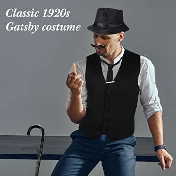 Hercicy 1920s Men's Costume Accessories Set, Gangster Vest Hat Suspenders 20s Outfit Clothing for Men 1920s (Black,X-Large)