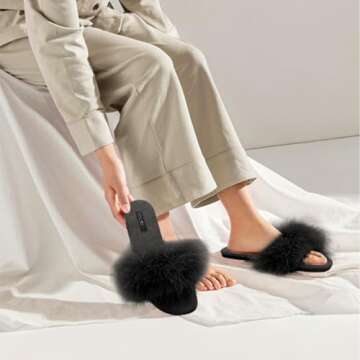 BCTEX COLL Women's Fluffy Pom Pom Feather Slipper Memory Foam Cozy Slippers House Bedroom Fuzzy Slippers for Women