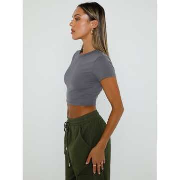 WYNNQUE Womens Crop Tops Cute Summer Scoop Neck Basic Tees Slim Fit Trendy Short Sleeve T Shirts for Teen Girls 2025 Grey S