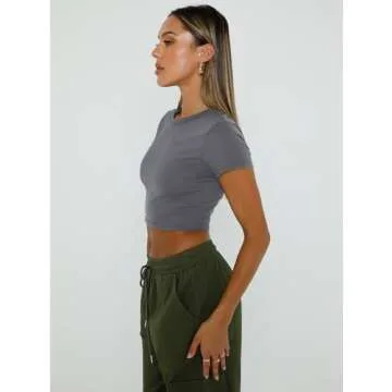 WYNNQUE Womens Crop Tops Cute Summer Scoop Neck Basic Tees Slim Fit Trendy Short Sleeve T Shirts for Teen Girls 2025 Grey S