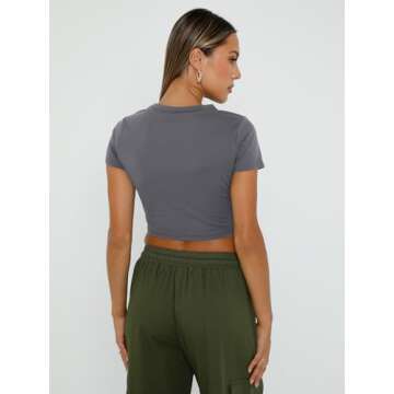 WYNNQUE Womens Crop Tops Cute Summer Scoop Neck Basic Tees Slim Fit Trendy Short Sleeve T Shirts for Teen Girls 2025 Grey S