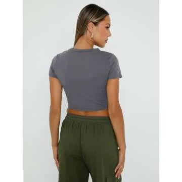 WYNNQUE Womens Crop Tops Cute Summer Scoop Neck Basic Tees Slim Fit Trendy Short Sleeve T Shirts for Teen Girls 2025 Grey S