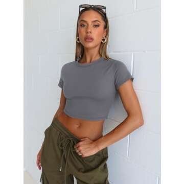 WYNNQUE Womens Crop Tops Cute Summer Scoop Neck Basic Tees Slim Fit Trendy Short Sleeve T Shirts for Teen Girls 2025 Grey S