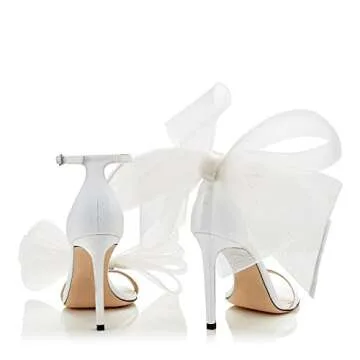 Coutgo Women's Bow Heels Open Toe Stiletto Heels One Strap Bridal Wedding Asymmetric Non-Removable Bow Knot Heeled Sandals, White, Size 6.5