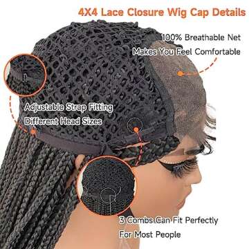 Estilar 30'' Box Braided Wigs Knotless Braided Wigs for Black Women Hand Braided 4x4 Lace Long Box Braided Wigs with Baby Hair Synthetic Lace Wig Cornrow Twisted Braided Wigs Natural Black (30 Inch)