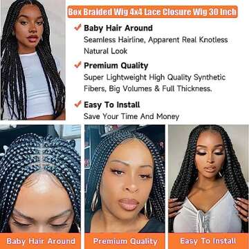 Estilar 30'' Box Braided Wigs Knotless Braided Wigs for Black Women Hand Braided 4x4 Lace Long Box Braided Wigs with Baby Hair Synthetic Lace Wig Cornrow Twisted Braided Wigs Natural Black (30 Inch)