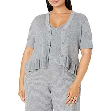 The Drop Women's Catalina Peplum Ruffle Rib Cardigan Sweater, Heather Grey, L