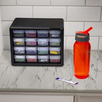 Akro-Mils 10116 16-Drawer Plastic Drawer Storage Cabinet for Garage Organization, Bead Organizer, Lego Storage, Teacher Toolbox, Makeup Organizer, 10-1/2-Inch W x 6-1/2-Inch D x 8-1/2-Inch H, Black