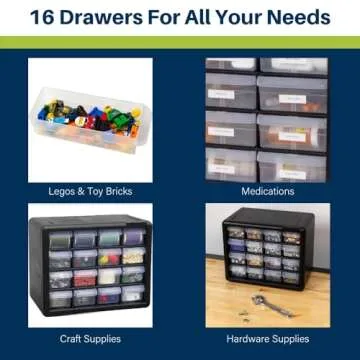 Akro-Mils 10116 16-Drawer Plastic Drawer Storage Cabinet for Garage Organization, Bead Organizer, Lego Storage, Teacher Toolbox, Makeup Organizer, 10-1/2-Inch W x 6-1/2-Inch D x 8-1/2-Inch H, Black