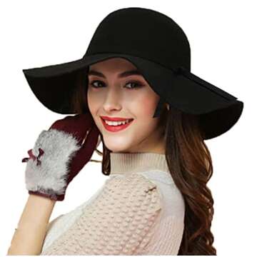 ASSQI Women's 100% Wool Foldable Wide Brim Retro Fedora Floppy Felt Bowler Hat (Black)