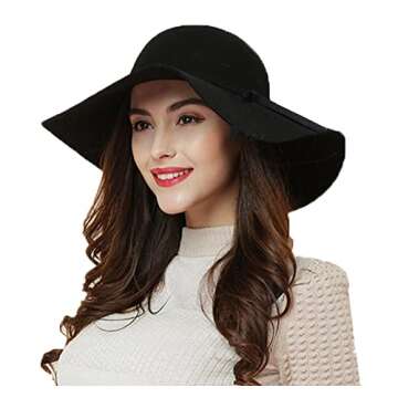 ASSQI Women's 100% Wool Foldable Wide Brim Retro Fedora Floppy Felt Bowler Hat (Black)