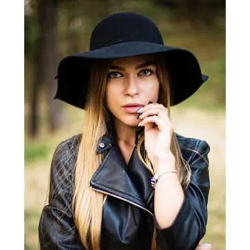 ASSQI Women's 100% Wool Foldable Wide Brim Retro Fedora Floppy Felt Bowler Hat (Black)