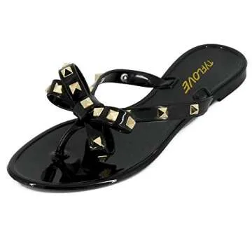 TYFLOVE Women Rivet Flip Flops Studded Jelly Thong Sandals with Bow Summer Bowtie Flat Beach Rain Shoes (Black, 8)