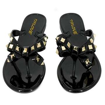 TYFLOVE Women Rivet Flip Flops Studded Jelly Thong Sandals with Bow Summer Bowtie Flat Beach Rain Shoes (Black, 8)