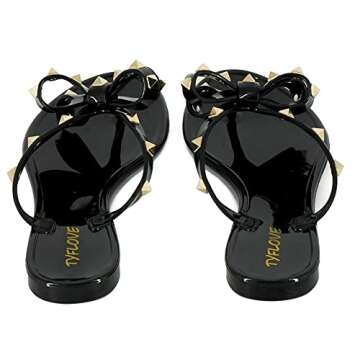 TYFLOVE Women Rivet Flip Flops Studded Jelly Thong Sandals with Bow Summer Bowtie Flat Beach Rain Shoes (Black, 8)
