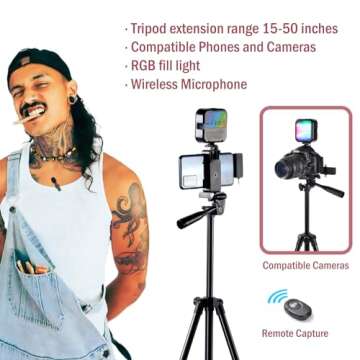 Ultimate Vlogging Kit: Tripod, RGB Light, Wireless Mic for Creators