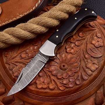 Forgemen FM807 Pocket knife, Folding Clip Damascus Handmade Custom for Men Cool Good Camping Hunting Fishing & s Activities EDC Knives Leather Sheath Knife., Blue (Black)