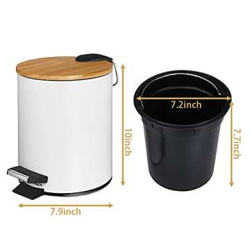 Aupekro Round Metal Trash Can with Bamboo lid and Pedal 5 Liter Garbage Container Bin with Removable Inner Wastebasket for Bathroom, Bedroom, Kitchen, Office (White)