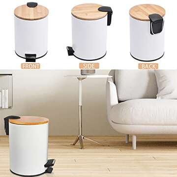 Aupekro Round Metal Trash Can with Bamboo lid and Pedal 5 Liter Garbage Container Bin with Removable Inner Wastebasket for Bathroom, Bedroom, Kitchen, Office (White)