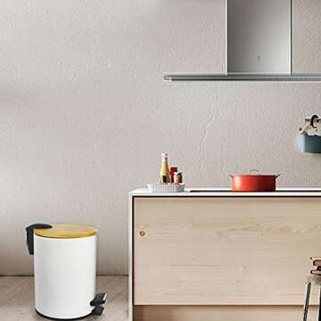 Aupekro Round Metal Trash Can with Bamboo lid and Pedal 5 Liter Garbage Container Bin with Removable Inner Wastebasket for Bathroom, Bedroom, Kitchen, Office (White)