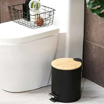 Aupekro Round Metal Trash Can with Bamboo lid and Pedal 5 Liter Garbage Container Bin with Removable Inner Wastebasket for Bathroom, Bedroom, Kitchen, Office (White)