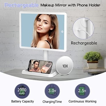 FUNTOUCH Large Lighted Makeup Mirror with Phone Holder
