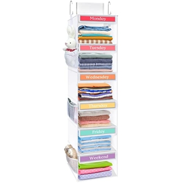 Fixwal 6-Shelf Weekly Hanging Closet Organizer for Kids with 6 Side Pockets Collapsible Weekday Kids...