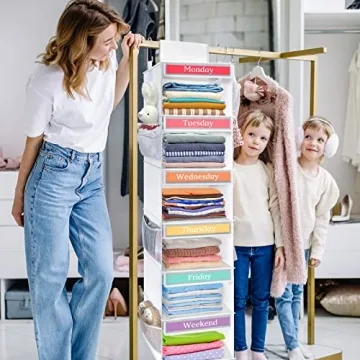Fixwal 6-Shelf Weekly Hanging Closet Organizer for Kids with 6 Side Pockets Collapsible Weekday Kids Room Storage Organizer Daily Kids Clothes Organizer Hanging Storage Shelves (White)