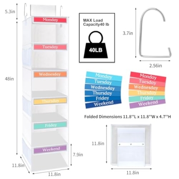 Fixwal 6-Shelf Weekly Hanging Closet Organizer for Kids with 6 Side Pockets Collapsible Weekday Kids Room Storage Organizer Daily Kids Clothes Organizer Hanging Storage Shelves (White)