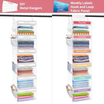 Fixwal 6-Shelf Weekly Hanging Closet Organizer for Kids with 6 Side Pockets Collapsible Weekday Kids Room Storage Organizer Daily Kids Clothes Organizer Hanging Storage Shelves (White)