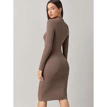 Floerns Women's Mock Neck Long Sleeve Basic Ribbed Bodycon Pencil Midi Dress Coffee Brown XS