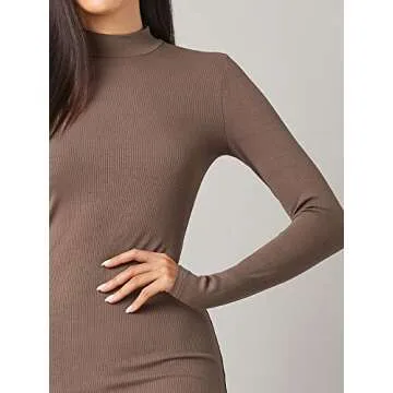 Floerns Women's Mock Neck Long Sleeve Basic Ribbed Bodycon Pencil Midi Dress Coffee Brown XS
