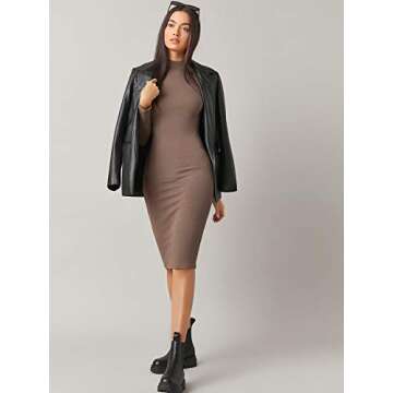 Floerns Women's Mock Neck Long Sleeve Basic Ribbed Bodycon Pencil Midi Dress Coffee Brown XS