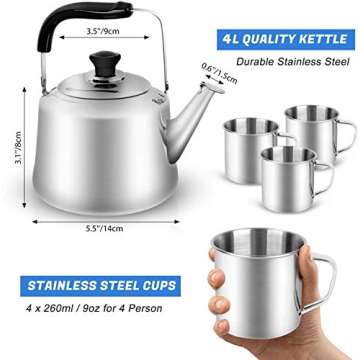 Odoland 4L Camping Kettle Set with 4 Cups, Durable Stainless Steel Camp Tea Coffee Water Pot with 4 ...