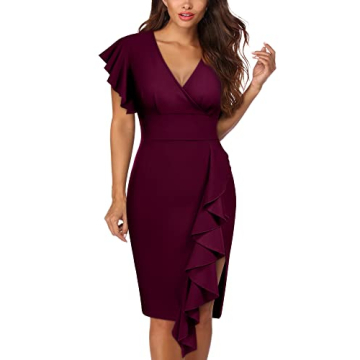 Knitee Women's Deep-V Neck Ruffle Sleeves Cocktail Party Pencil Slit Formal Dress - A-Wine (Small)
