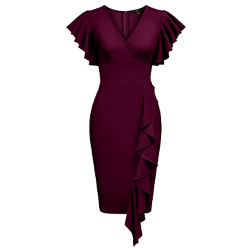 Knitee Women's Deep-V Cocktail Dress with Ruffle Sleeves