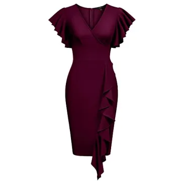 Knitee Women's Deep-V Cocktail Dress with Ruffle Sleeves