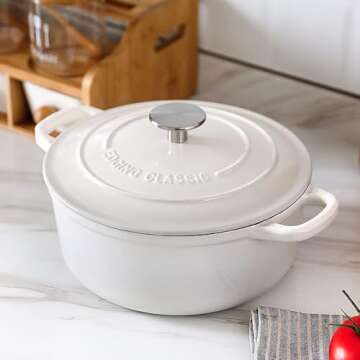 EDGING CASTING Cast Iron Dutch Oven With Lid Round Pot Enameled Covered for Bread Baking, 7 Quart, White
