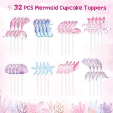 WERNNSAI 32PCS Mermaid Cupcake Toppers - Watercolor Mermaid Under the Sea Party Cake Decorations for Girls Kids Mermaid Cake Toppers Baby Shower Birthday Party Cupcake Supplies Mermaid Cake Decros