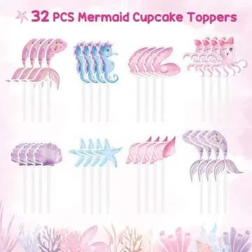 WERNNSAI 32PCS Mermaid Cupcake Toppers - Watercolor Mermaid Under the Sea Party Cake Decorations for Girls Kids Mermaid Cake Toppers Baby Shower Birthday Party Cupcake Supplies Mermaid Cake Decros