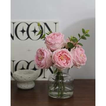 CHASMILE Artificial Flowers with Pink Roses in Vase, Lifelike Fake Flowers in Vase, Faux Flower Arra...