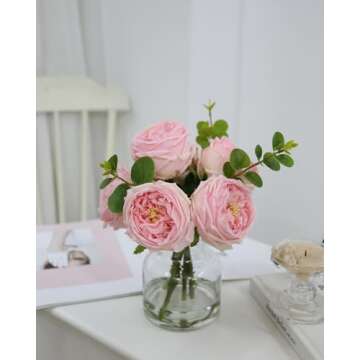 CHASMILE Artificial Flowers with Pink Roses in Vase, Lifelike Fake Flowers in Vase, Faux Flower Arrangements for Dining Table Centerpiece Decor, Table Centerpieces for Dining Room