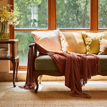 lifein Fall Throw Blanket for Couch-Soft Boho Bed Throw Blankets,Cozy Burnt Orange Chenille Knitted ...