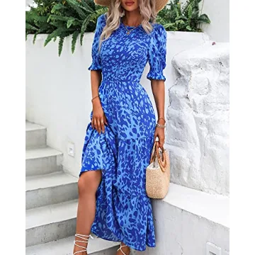 BTFBM Women Casual Summer Dresses 2024 Spring Crew Neck Ruffle Short Sleeve Floral Print Smocked Boho Flowy Maxi Dress(Print Blue, Medium)