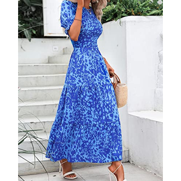 BTFBM Women Casual Summer Dresses 2024 Spring Crew Neck Ruffle Short Sleeve Floral Print Smocked Boho Flowy Maxi Dress(Print Blue, Medium)